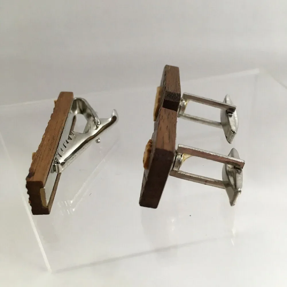 Vintage Etched Wood Leaf Cufflinks & Tie Clip Wooden Leaves Layered Modern H1